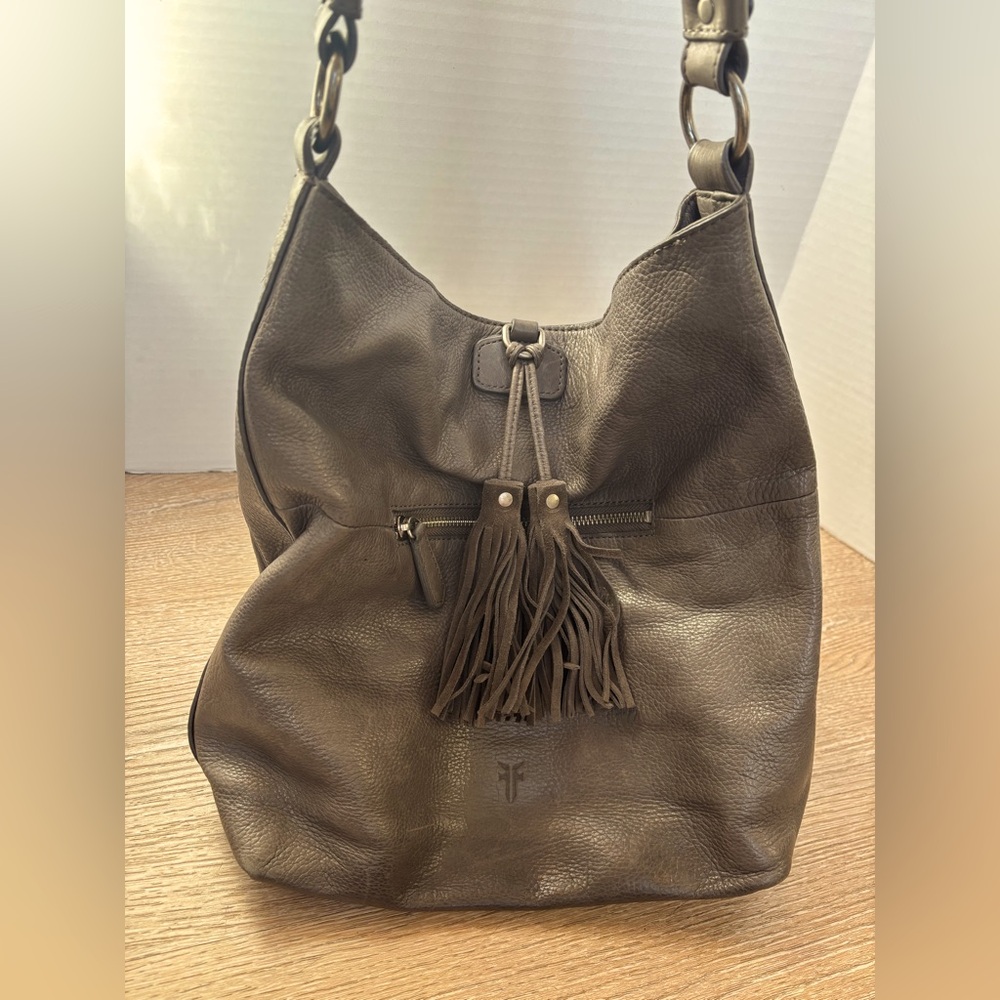 FRYE Dark Brown Pebbled Leather Tassel Hobo Shoulder Bag